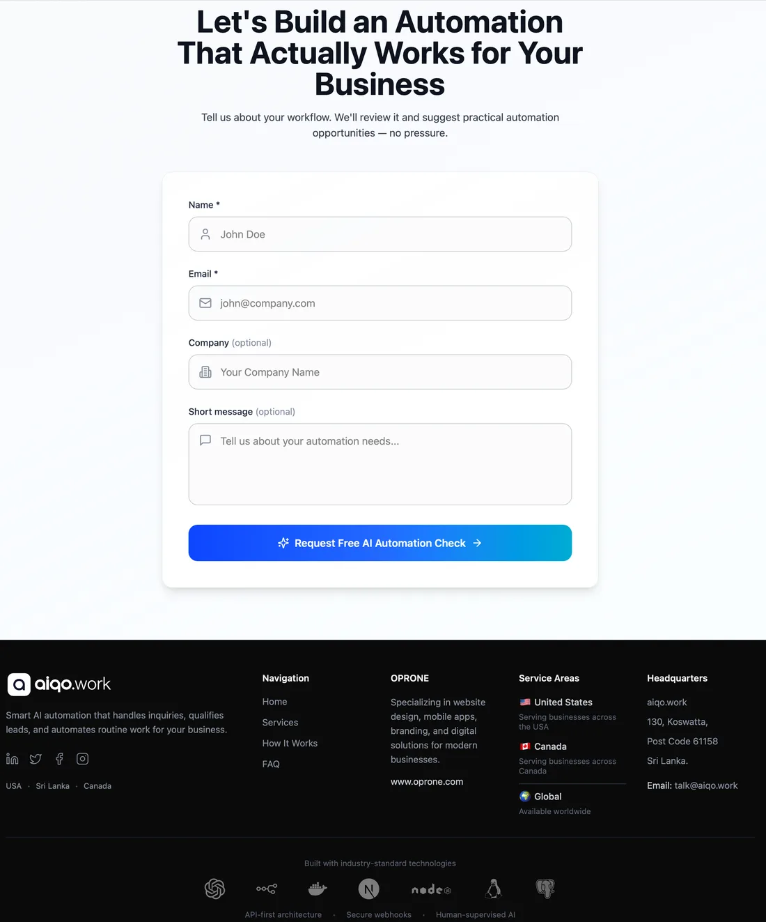 AIQO contact form for a free AI automation check, with the site footer