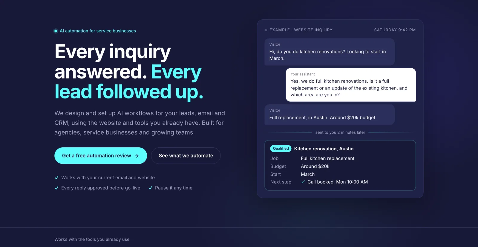 AIQO.work homepage: Every inquiry answered. Every lead followed up, with an example website inquiry being qualified