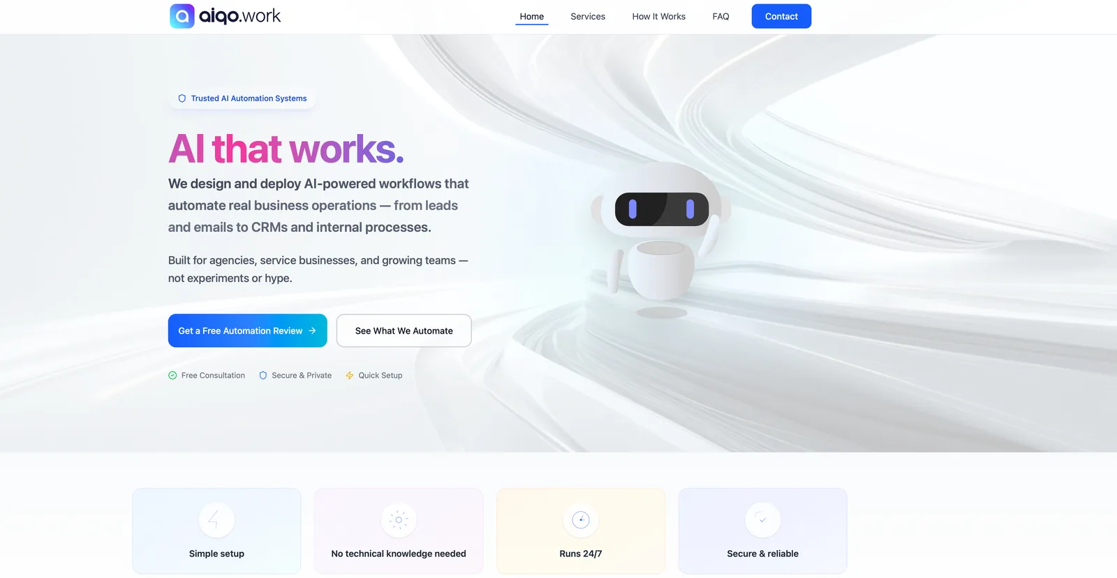 AIQO.work homepage: AI that works, with a friendly robot and four promise cards