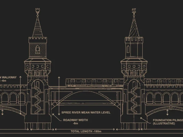 Close-up of the Oberbaum Bridge line drawing with dimension labels