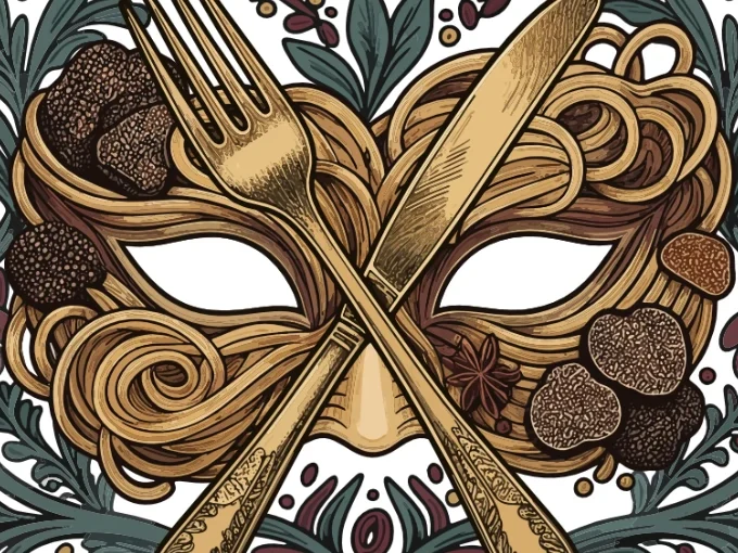 Close-up of the pasta masquerade mask with crossed gold cutlery and truffles