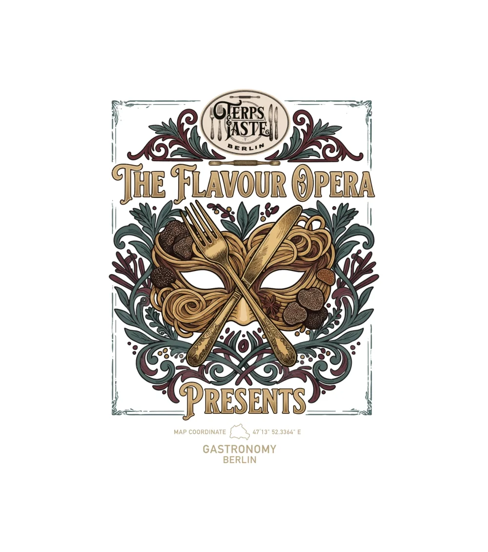The Flavour Opera design: gold lettering and baroque ornament around a pasta masquerade mask on a white shirt
