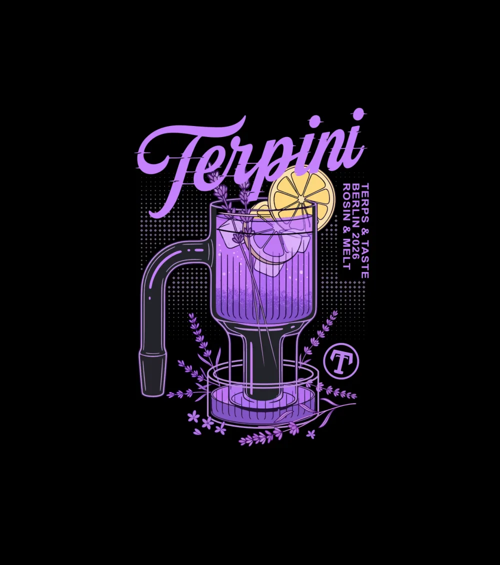 Terpini design: neon purple script with halftone detail on a black shirt