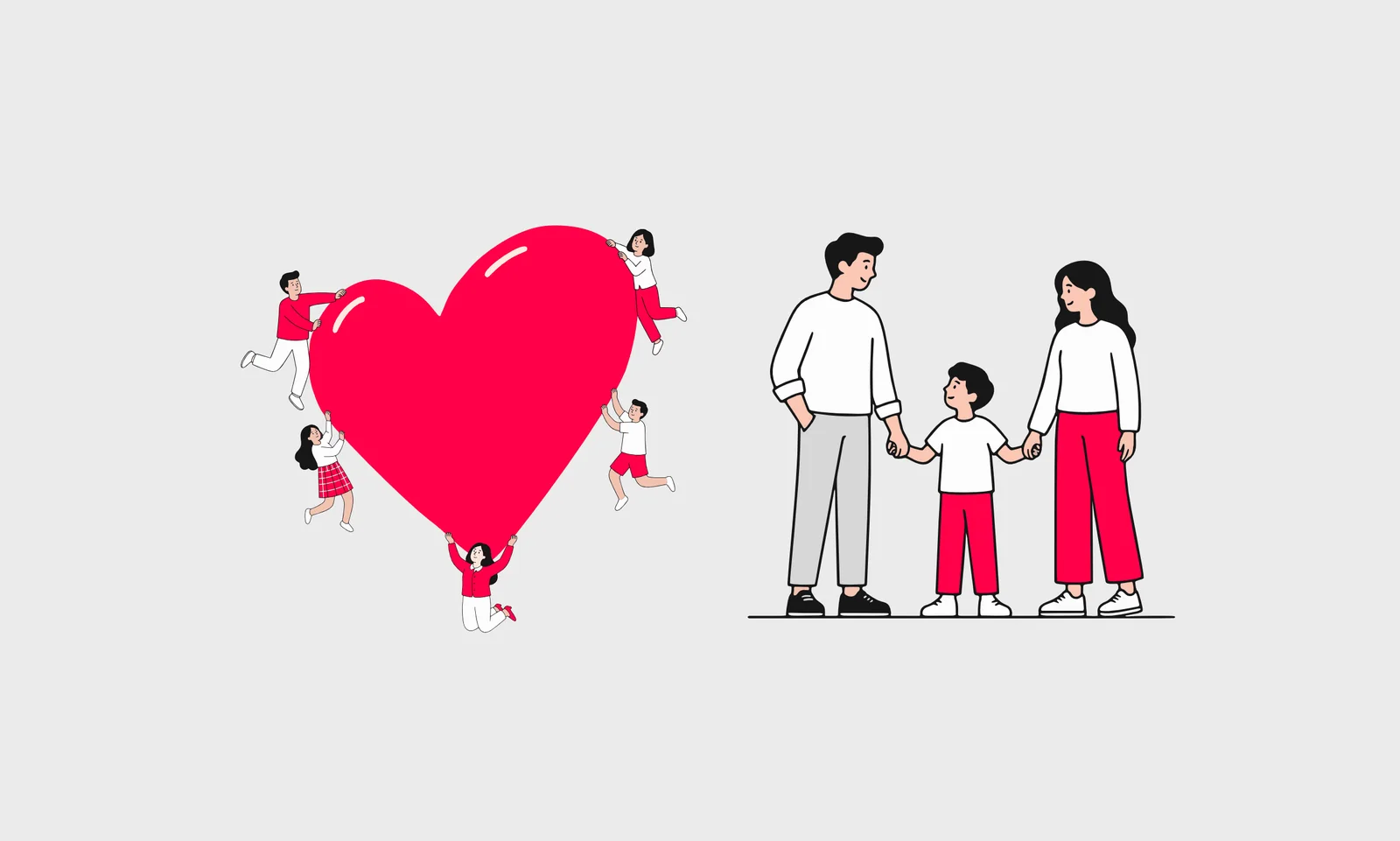 People lifting a giant red heart beside a family holding hands