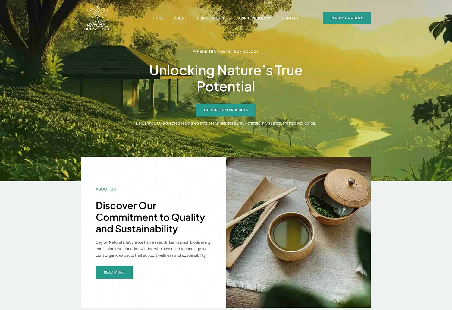 Ceylon Natural LifeScience homepage hero over a tea estate, with an overlapping About Us card