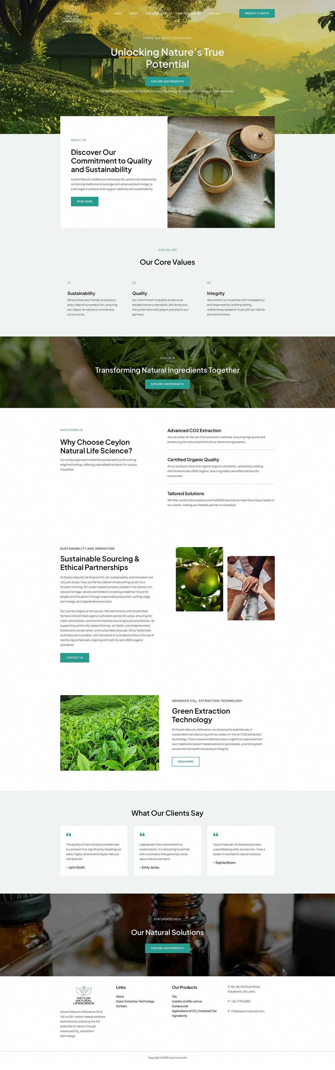 The full Ceylon Natural LifeScience homepage from hero to footer