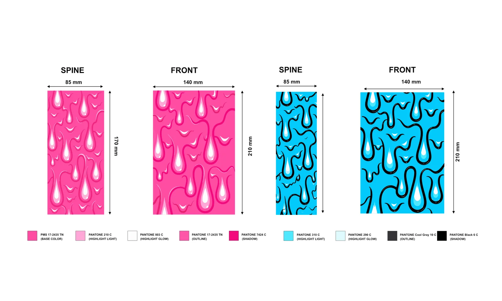 Pink and blue drip pattern panels with spine and front dimensions and Pantone color references