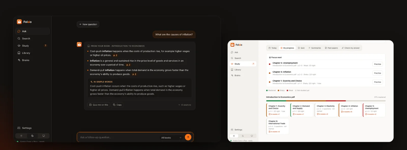 Folaio: a private AI study coach that learns your textbooks, with the Ask and Study screens