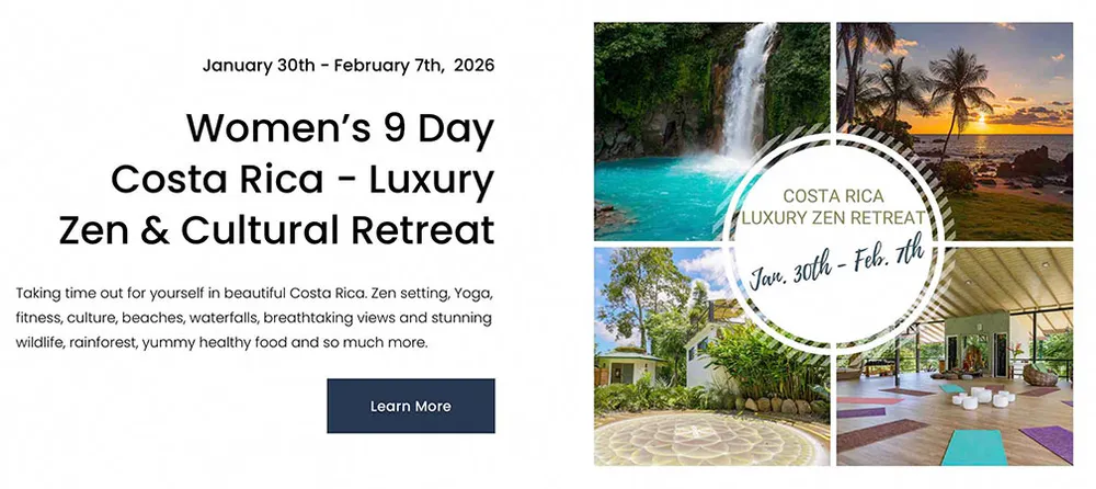 Costa Rica Luxury Zen Retreat block with a photo collage and date badge