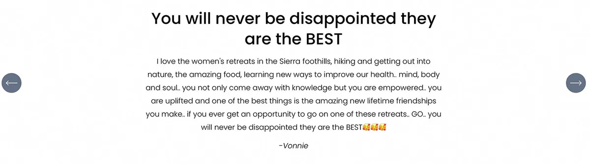 Testimonial carousel quote from a retreat guest