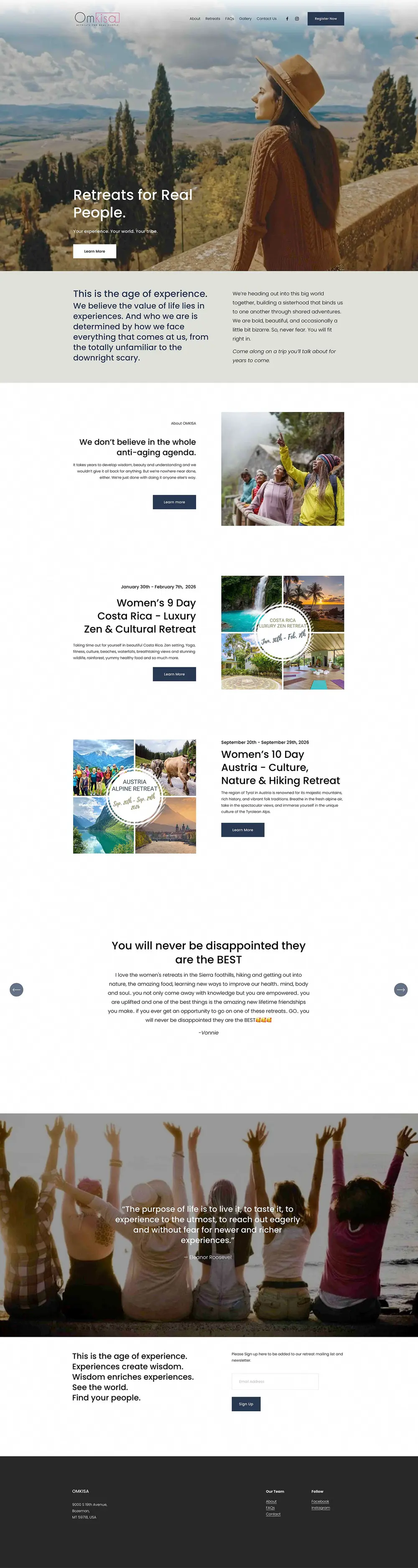 The full Omkisa homepage from hero to footer