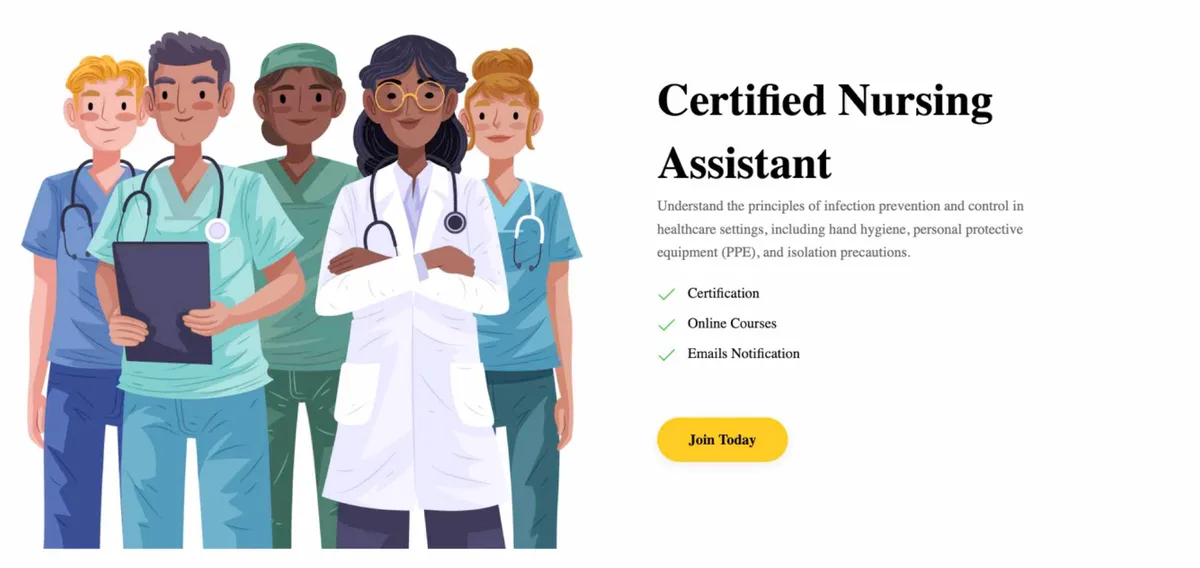 Certified Nursing Assistant section with illustrated healthcare team