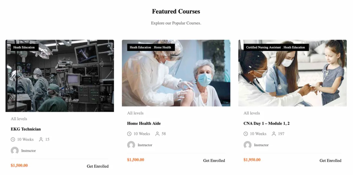 Featured courses: EKG Technician, Home Health Aide, and CNA with prices and durations