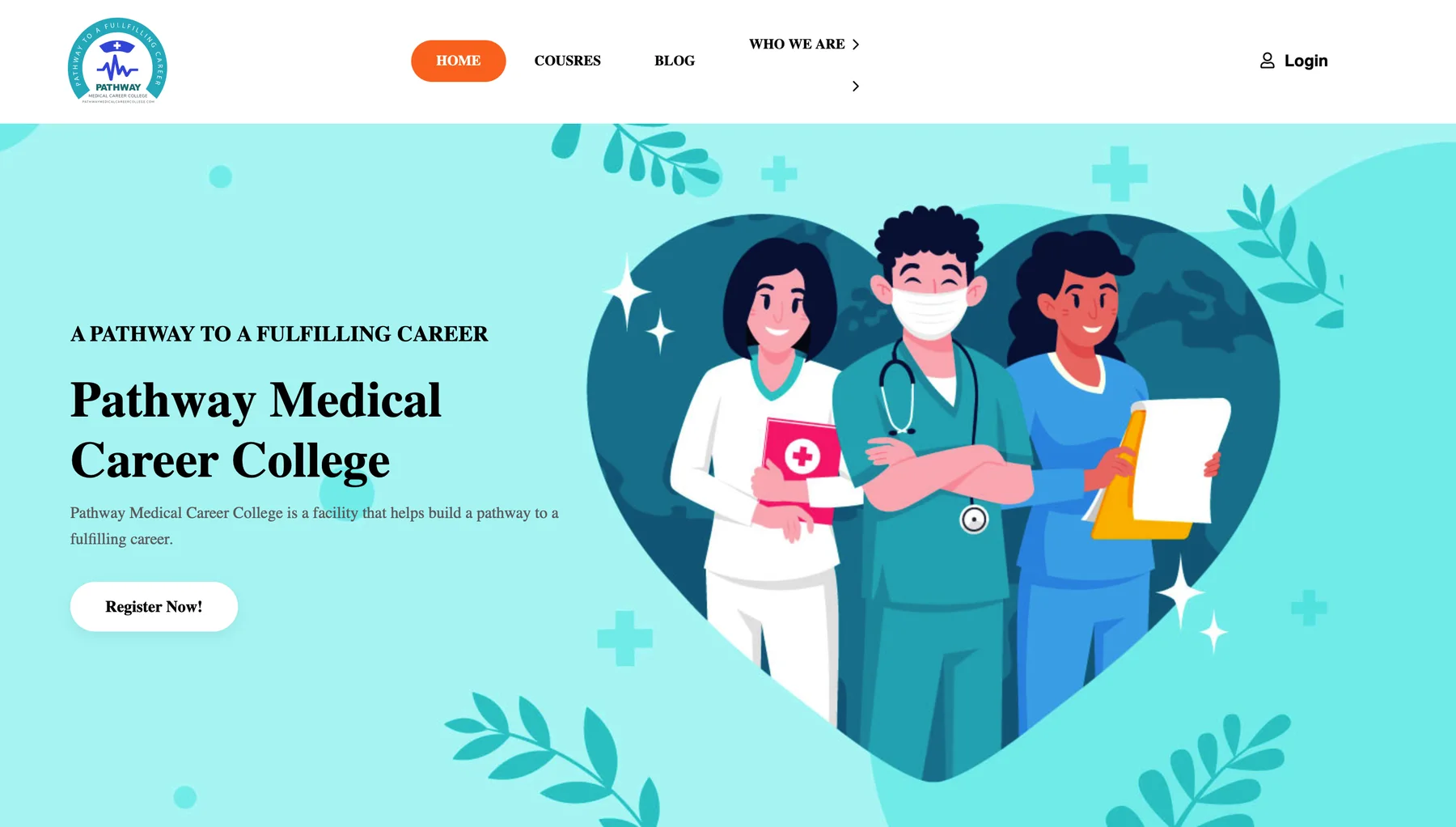 Pathway Medical Career College homepage with illustrated healthcare workers inside a heart