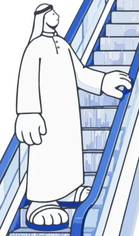 The character riding an escalator