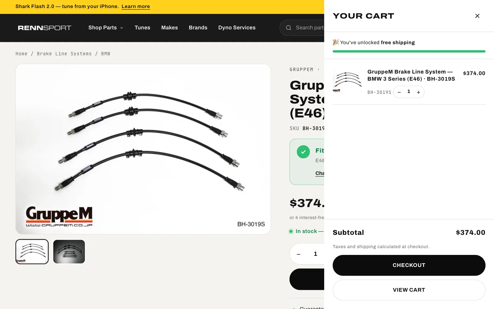 Cart drawer with a GruppeM brake line, free shipping unlocked and a checkout button
