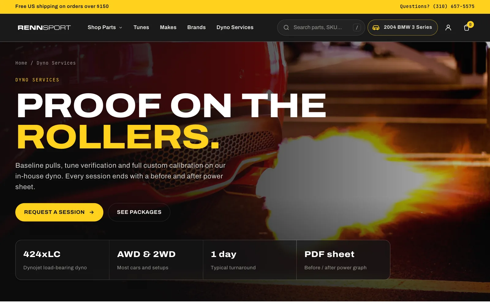Dyno Services page: Proof on the rollers, with a Request a session button