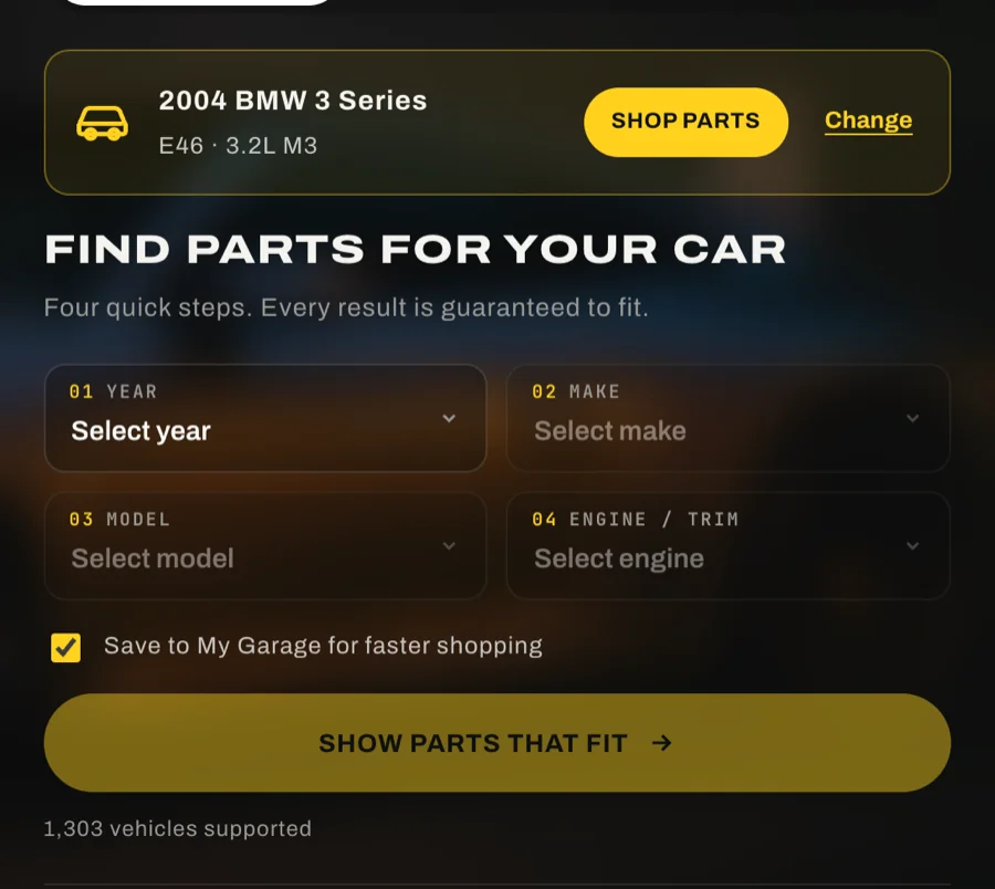 The saved 2004 BMW 3 Series shown above the finder with Shop parts and Change buttons