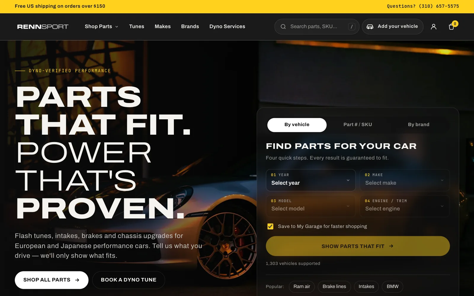 RENNSPORT homepage: the headline Parts that fit, power that's proven, beside a vehicle finder with year, make, model and engine steps