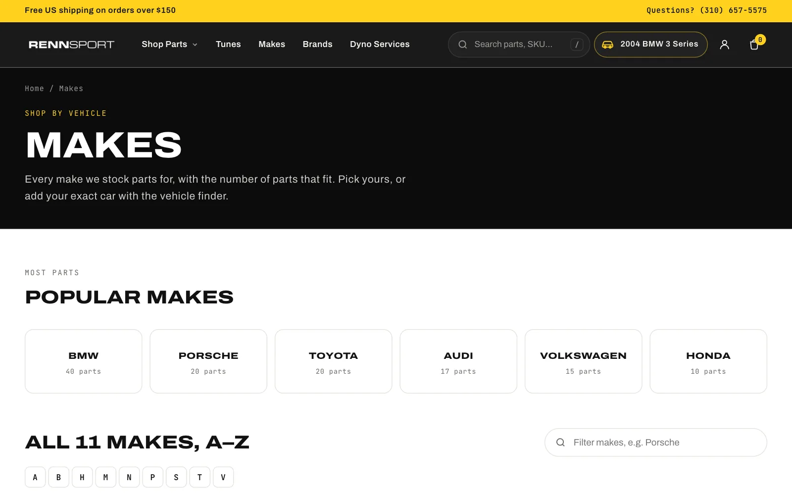 Makes page with popular makes and an A to Z list of all 11 makes