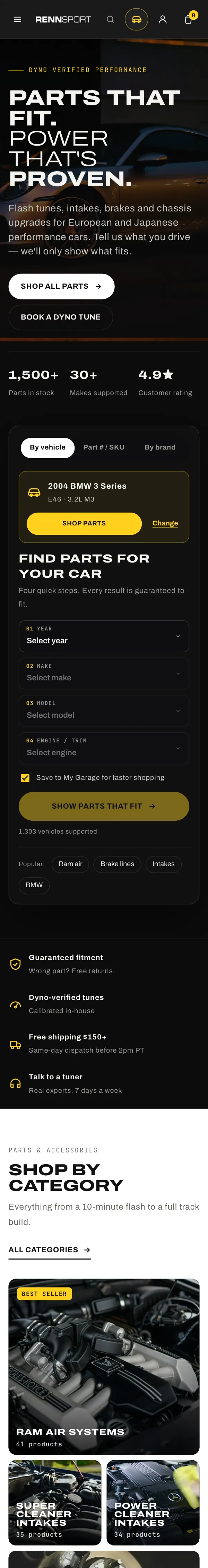 The mobile homepage: hero, finder, categories, best sellers and the Shark Flash section