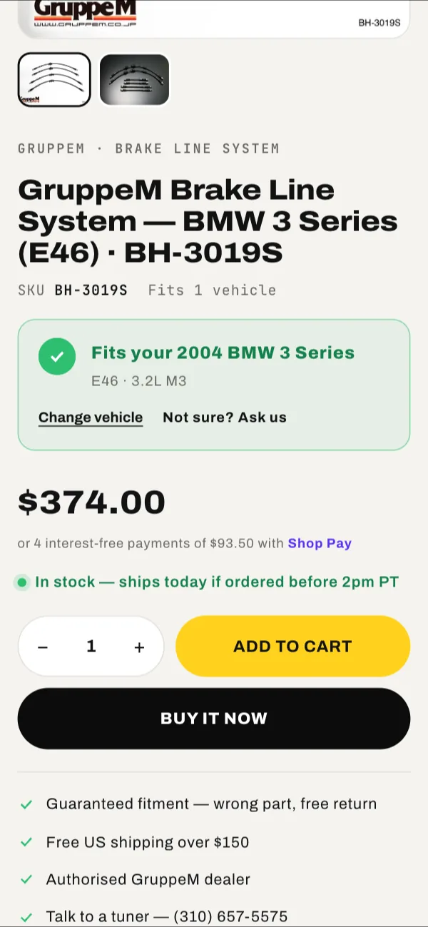 Mobile product page confirming the part fits the saved BMW, with Add to cart