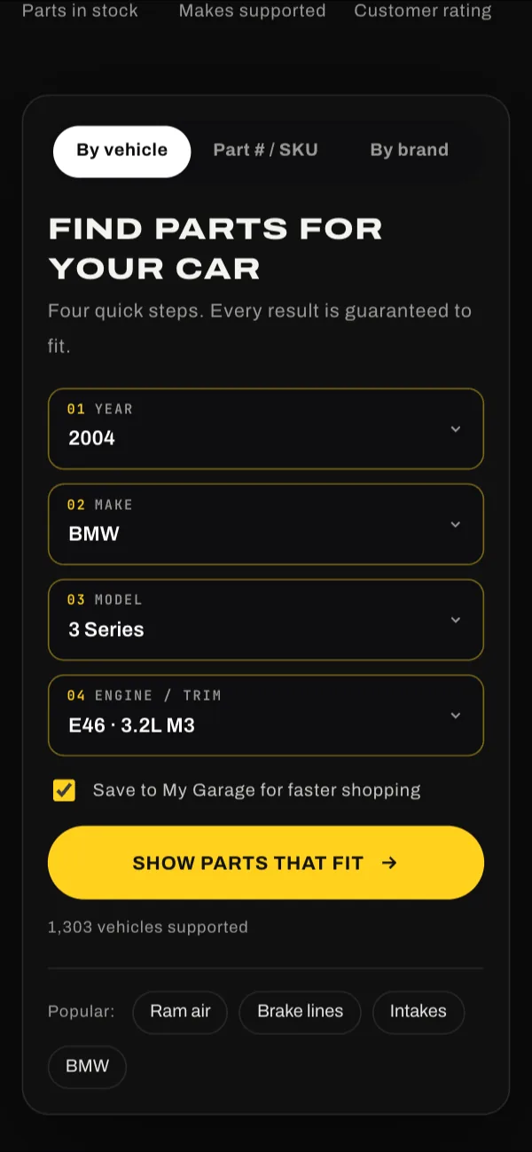Mobile vehicle finder with a 2004 BMW 3 Series E46 M3 selected