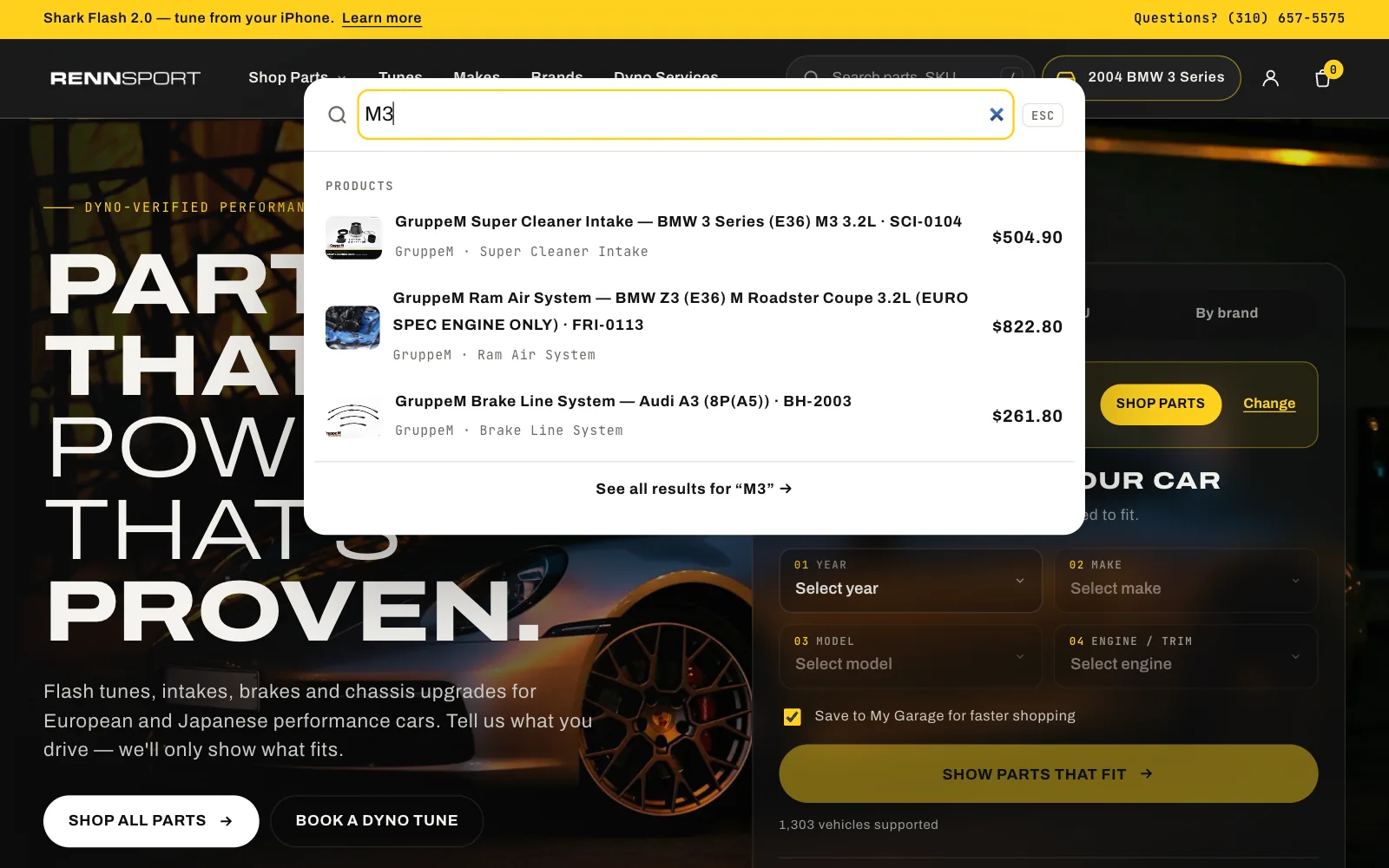 Predictive search for M3 showing three matching GruppeM parts with prices
