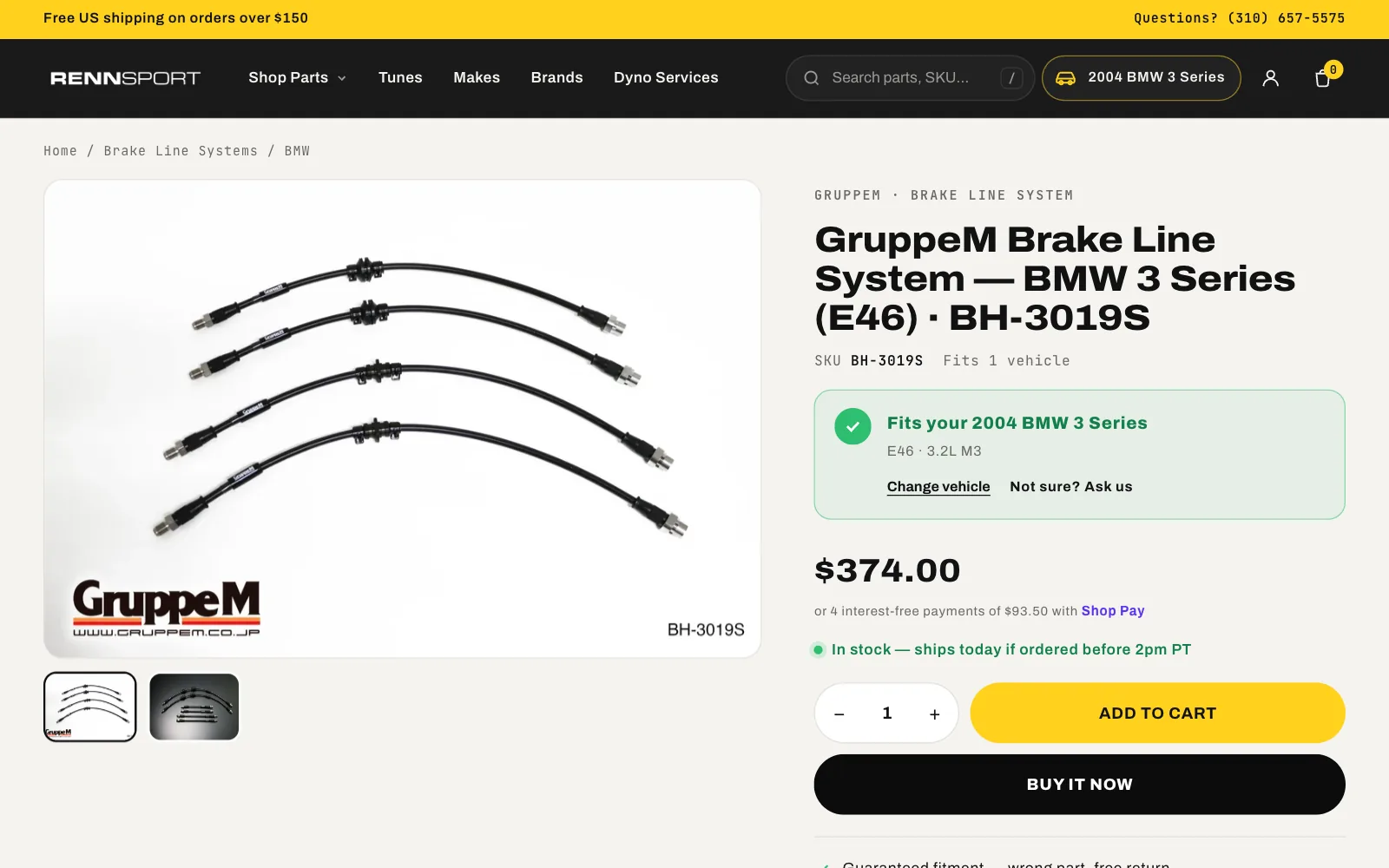 GruppeM brake line product page with a green Fits your 2004 BMW 3 Series confirmation, price, Shop Pay instalments and Add to cart