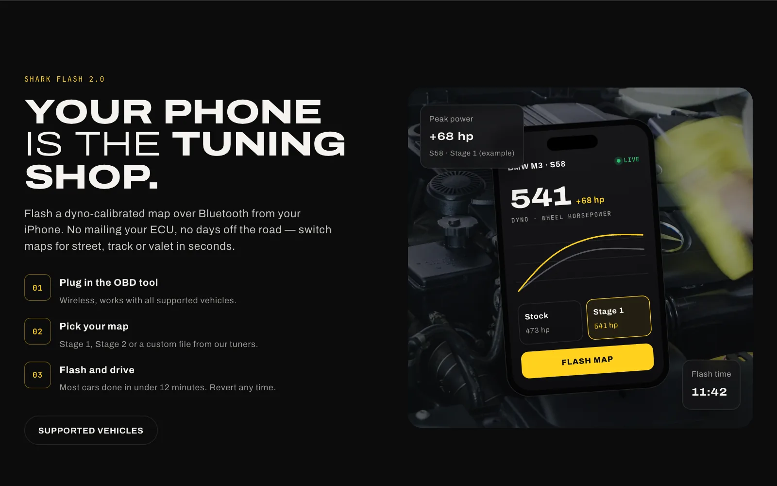 Dark feature section: Your phone is the tuning shop, with three steps and a phone showing a power gain