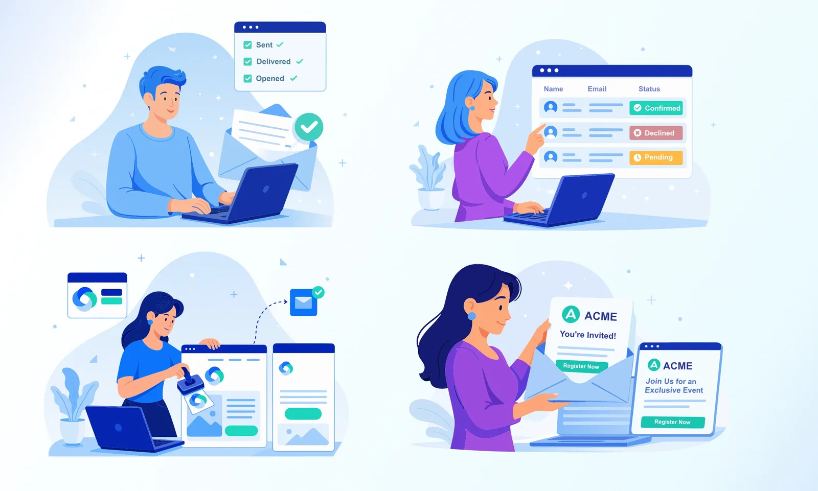 Four illustrations: email tracking, RSVP list, branded invitations, and an event invitation