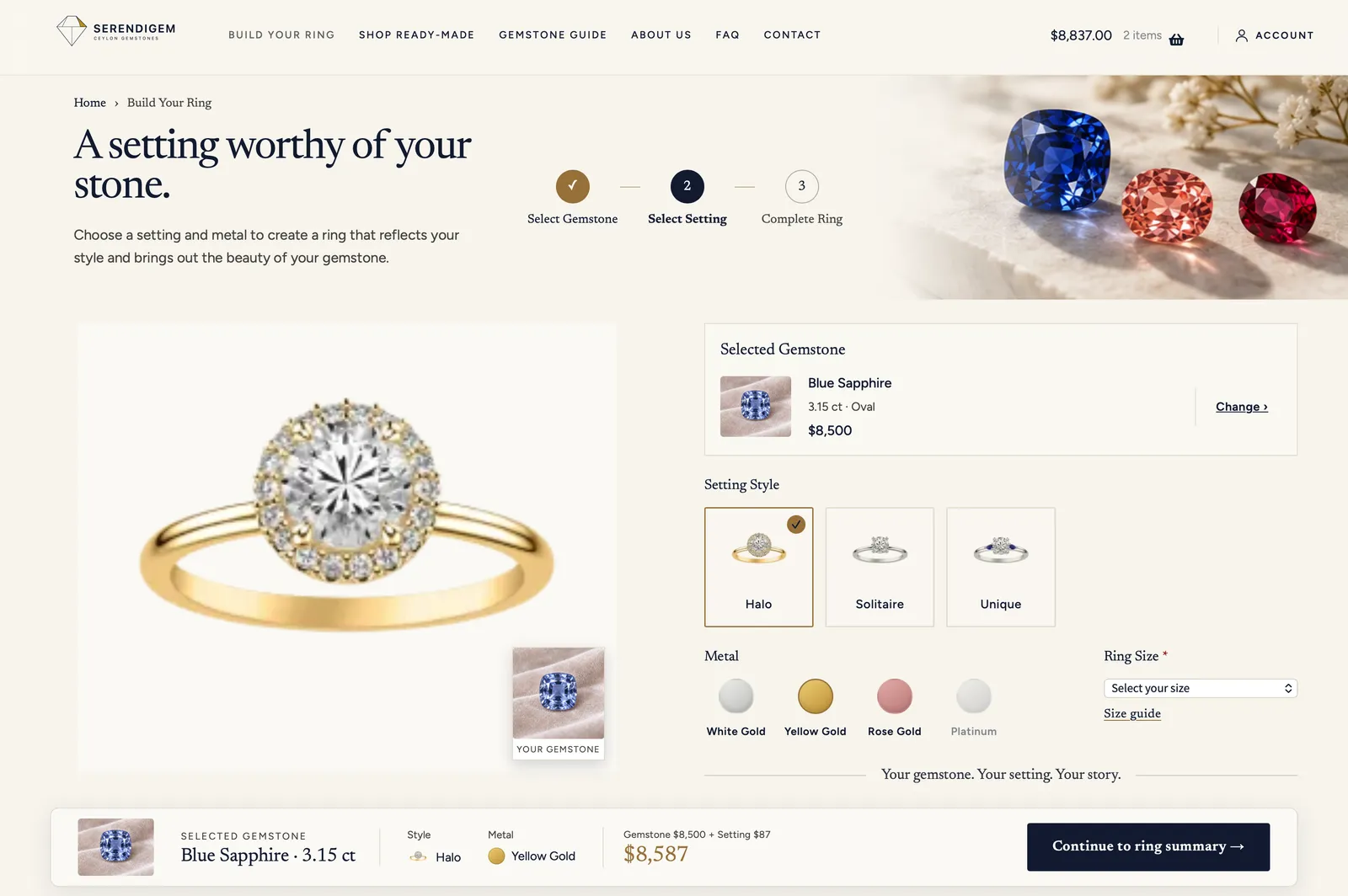 Ring builder step two showing the selected sapphire, setting styles, metals and ring size
