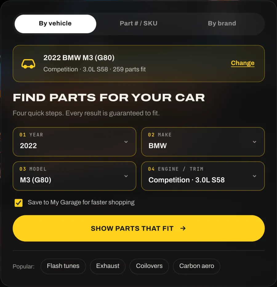 The saved vehicle shown above the finder: 2022 BMW M3 (G80), 259 parts fit