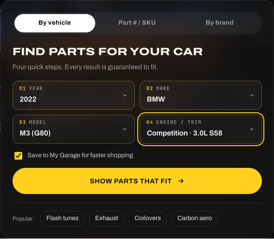 Vehicle finder with 2022, BMW, M3 (G80) and Competition 3.0L S58 selected