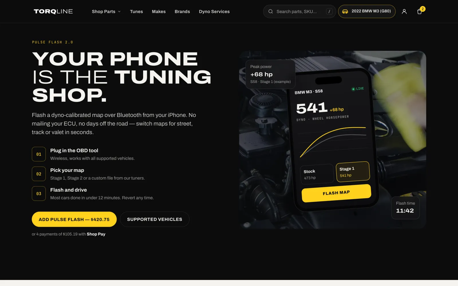 Dark feature section: Your phone is the tuning shop, with three steps and a phone showing a dyno curve