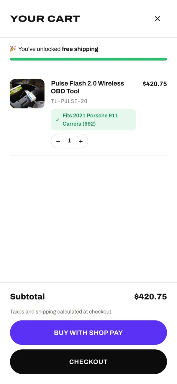 Mobile cart confirming the item fits the saved car, with Shop Pay