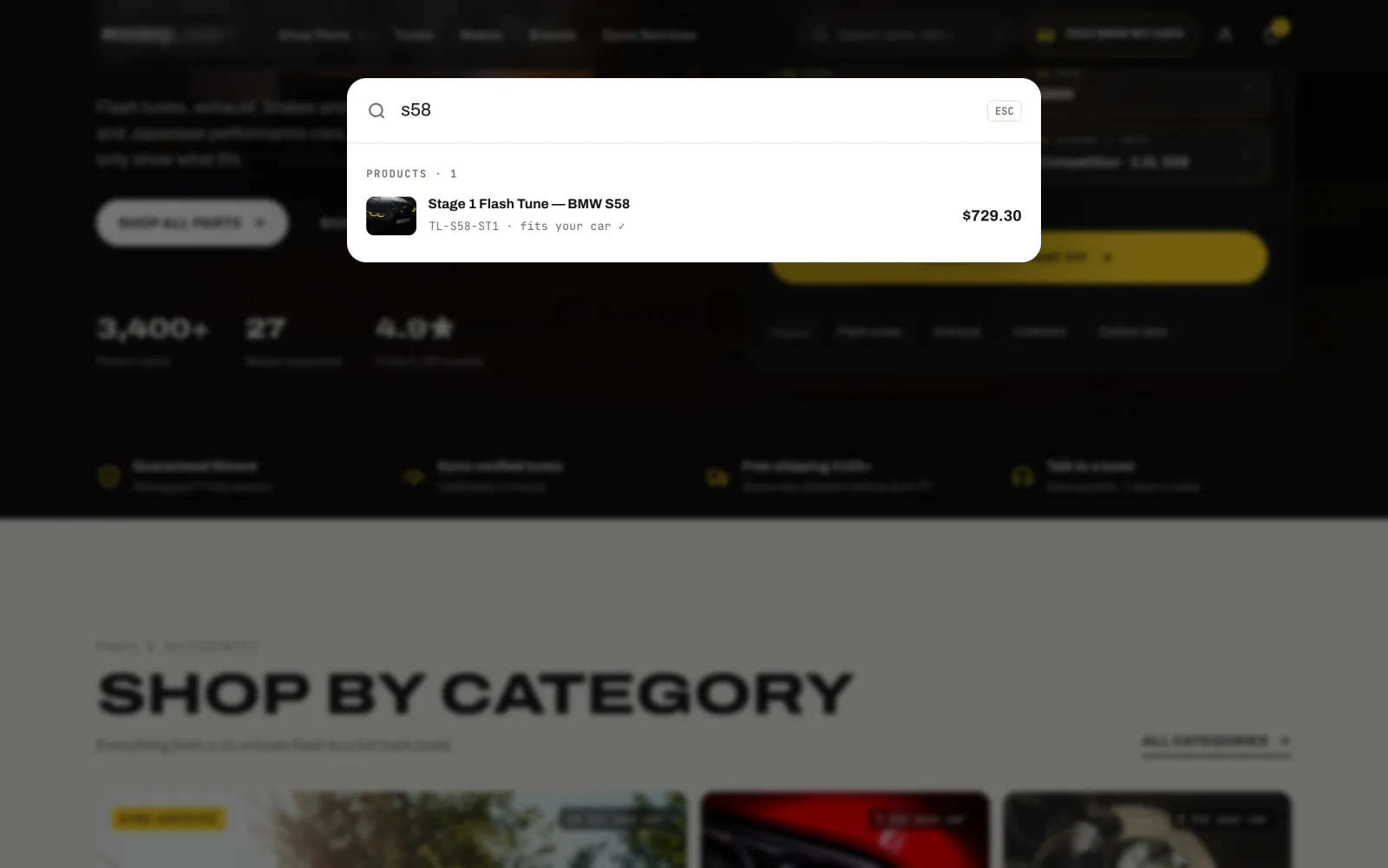 Predictive search for s58 showing the matching flash tune with its part number