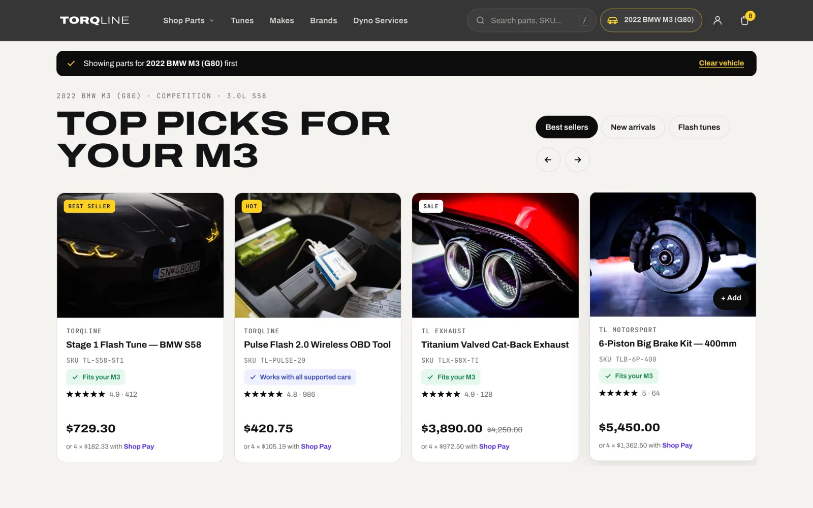 Prototype product carousel titled Top picks for your M3, with a fitment badge on every product