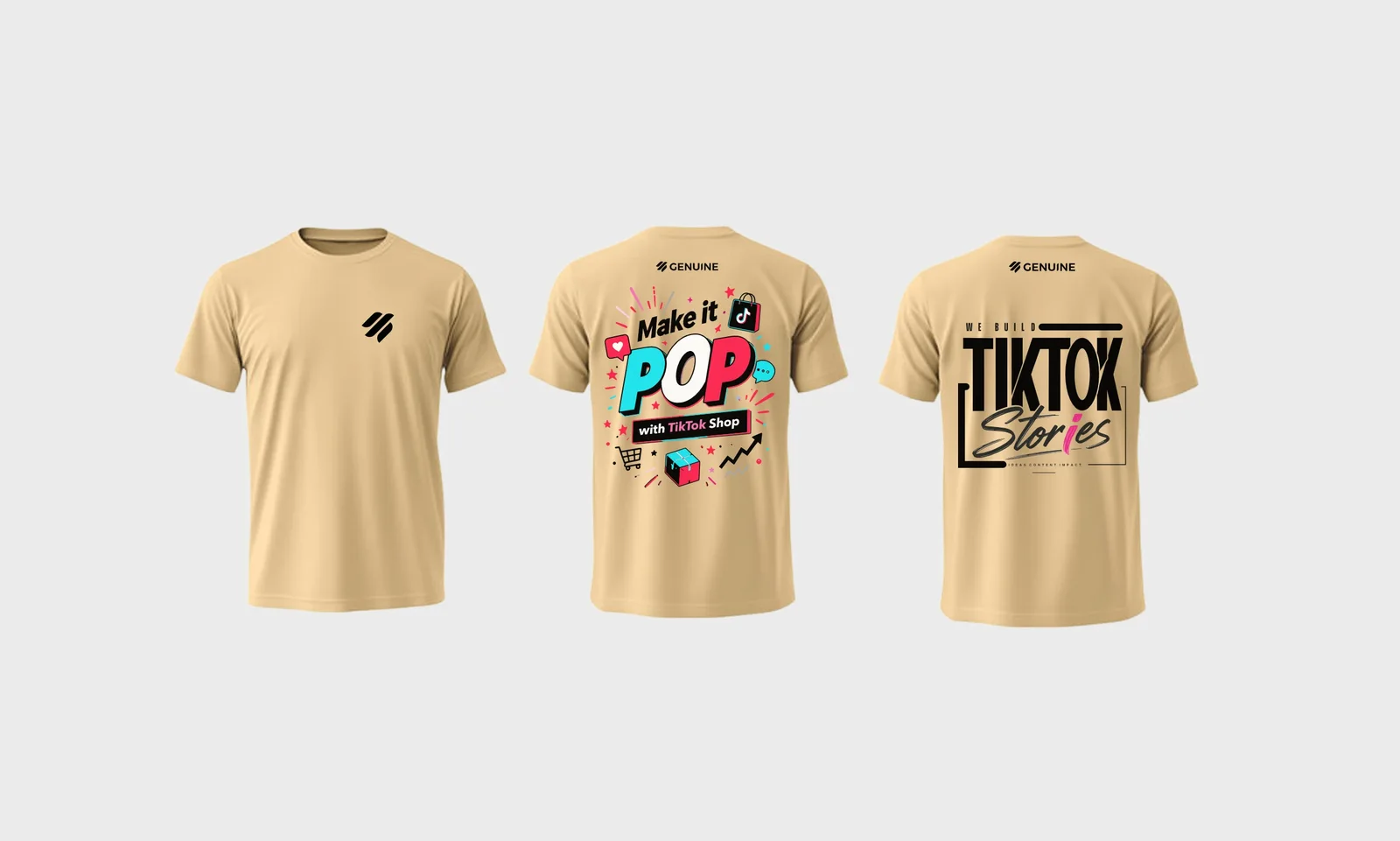 Three sand-colored T-shirts: a front with a chest mark, a Make it POP back print, and a TikTok Stories back print