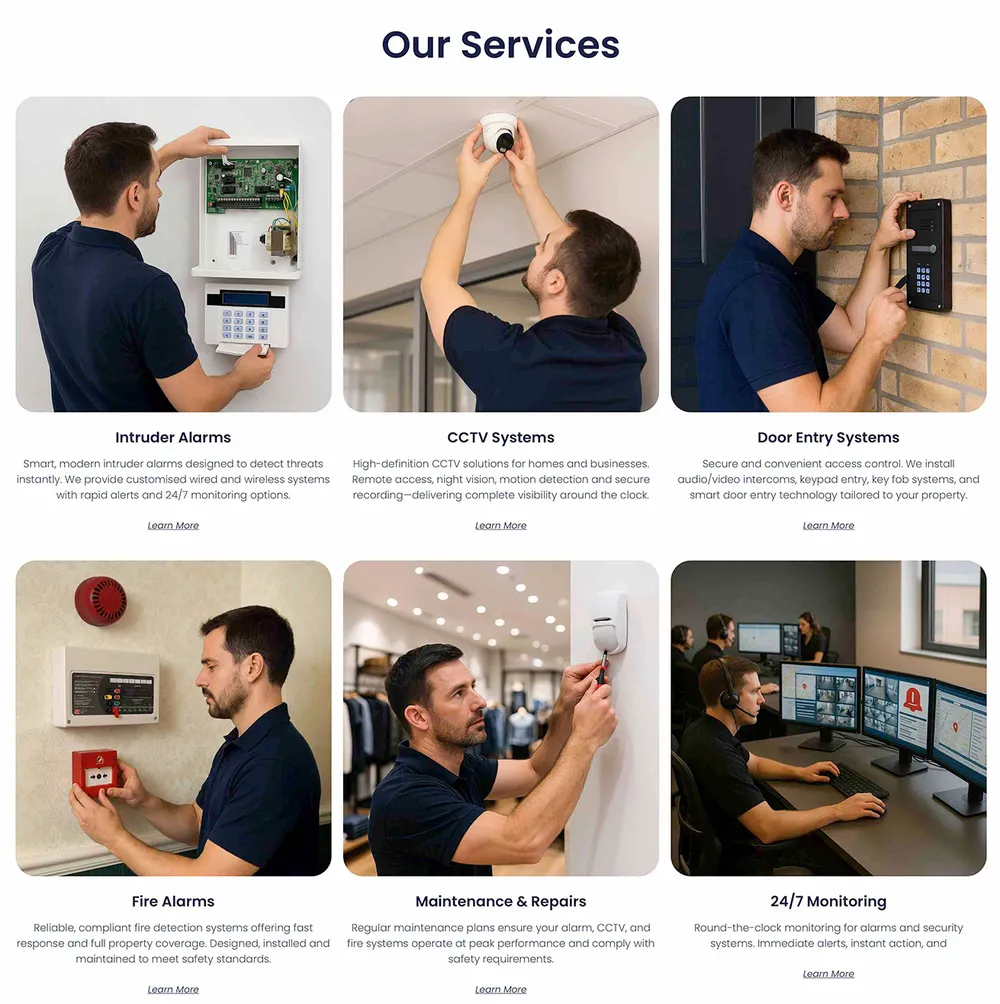 Six service cards: intruder alarms, CCTV, door entry, fire alarms, maintenance, 24/7 monitoring